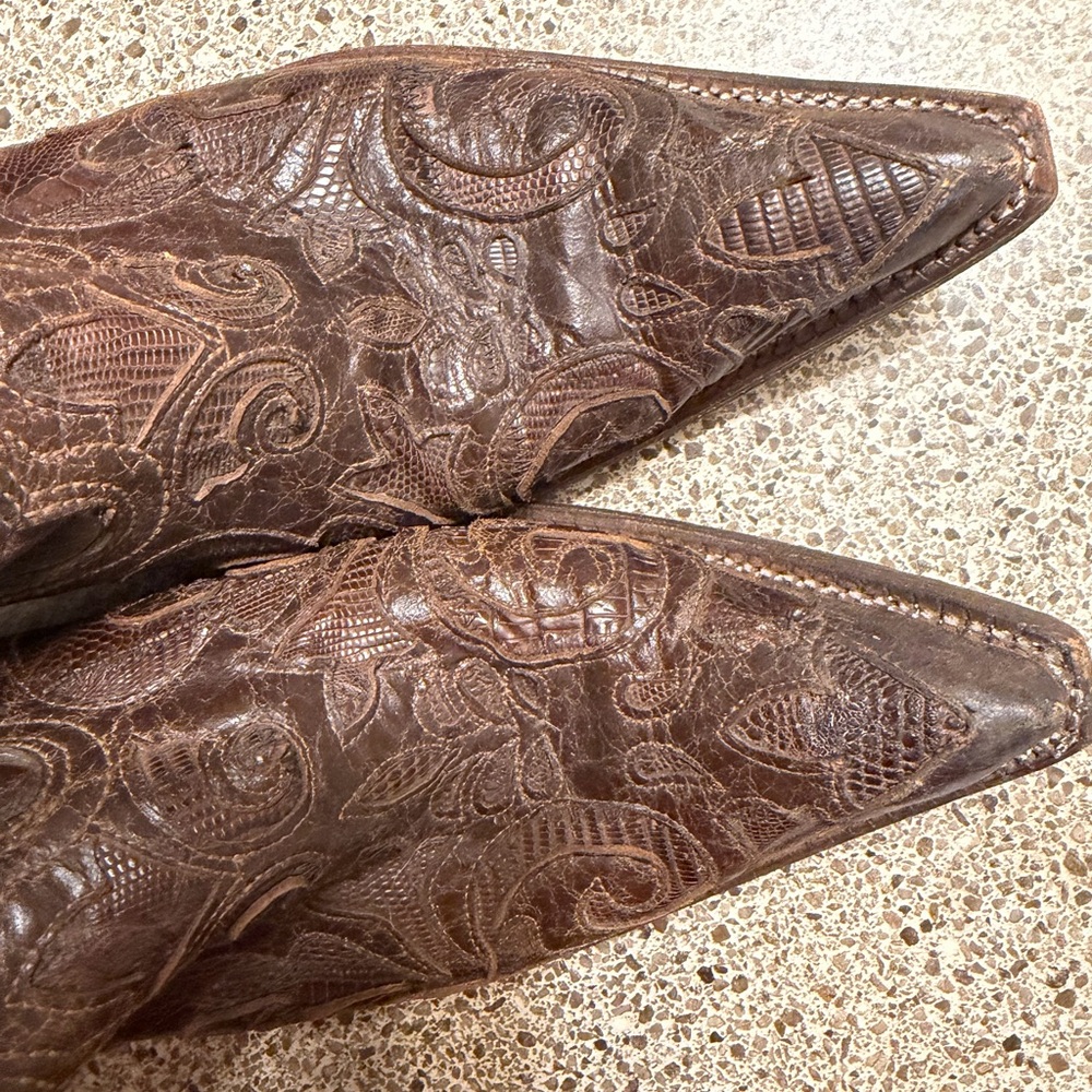 Embossed Brown Heeled Boots